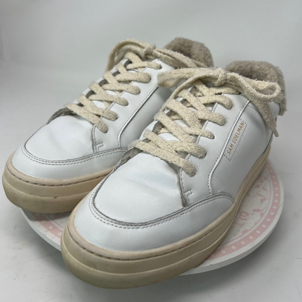 SAM EDELMAN Wess Sneaker Women 10 White Leather Faux Shearling Platform Low Top - Picture 3 of 13